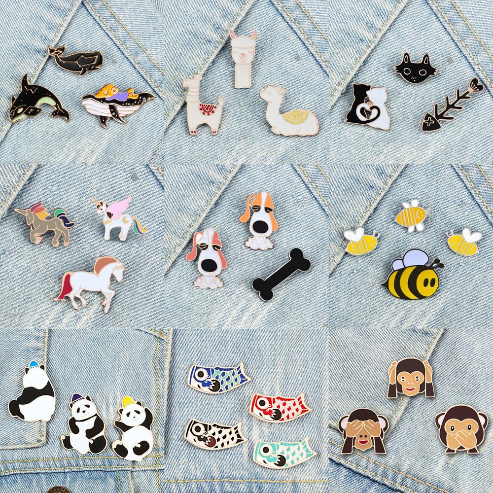 3-4pcs/set Cute Animal Brooch Cartoon Unicorn Cat Dog Monkey Fish Enamel Pin Backpack Clothing Badges Jewelry Children Wholesale