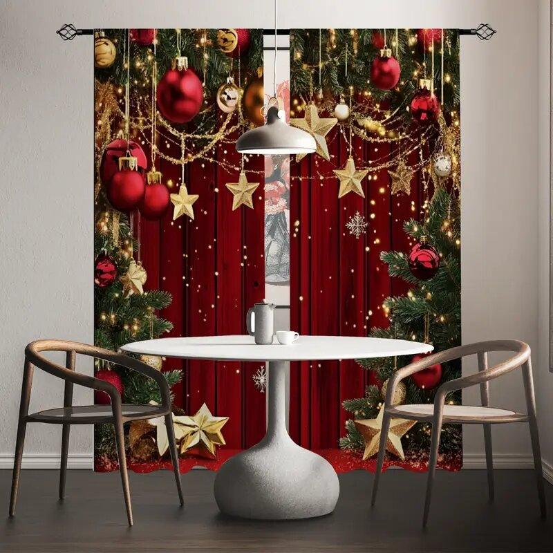 Christmas Pine Tree Printed Curtains Pole Bag Home Decoration Room Curtain Set Of 2 Made Polyester Washable