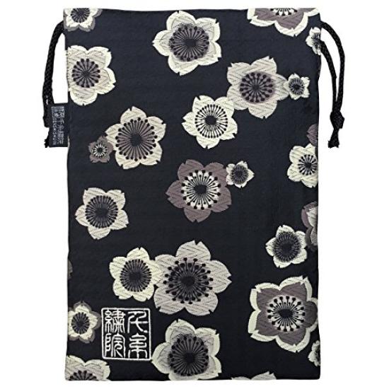Senshishuin Nishijin Brocade Drawstring Bag Light Ink Cherry Houndstooth Large (Lined) - Blossom/Black Design,