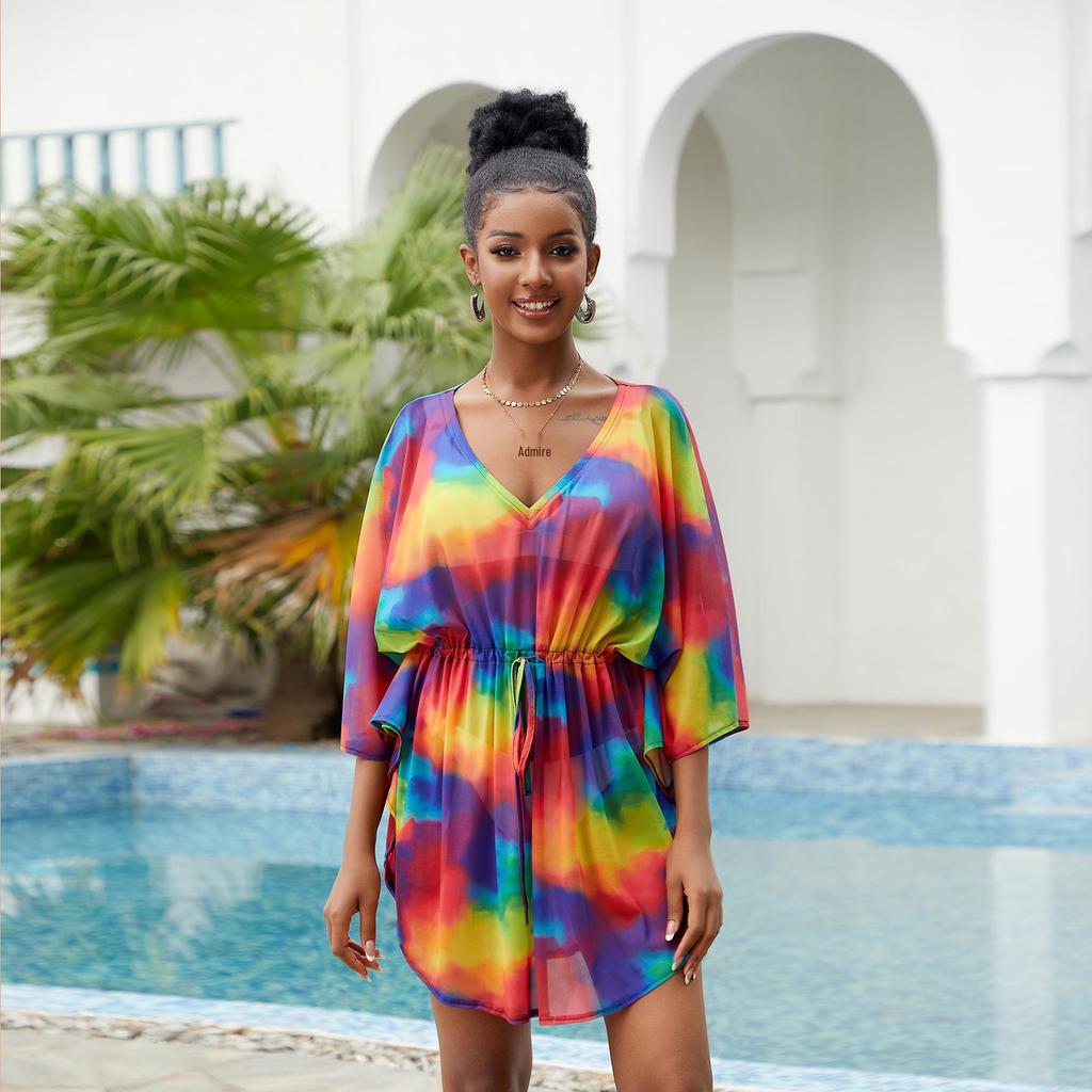 European & American Mesh Fabric Printed Beach Cover-up: Sexy Vacation Dress & Sun Protection Bikini Layer
