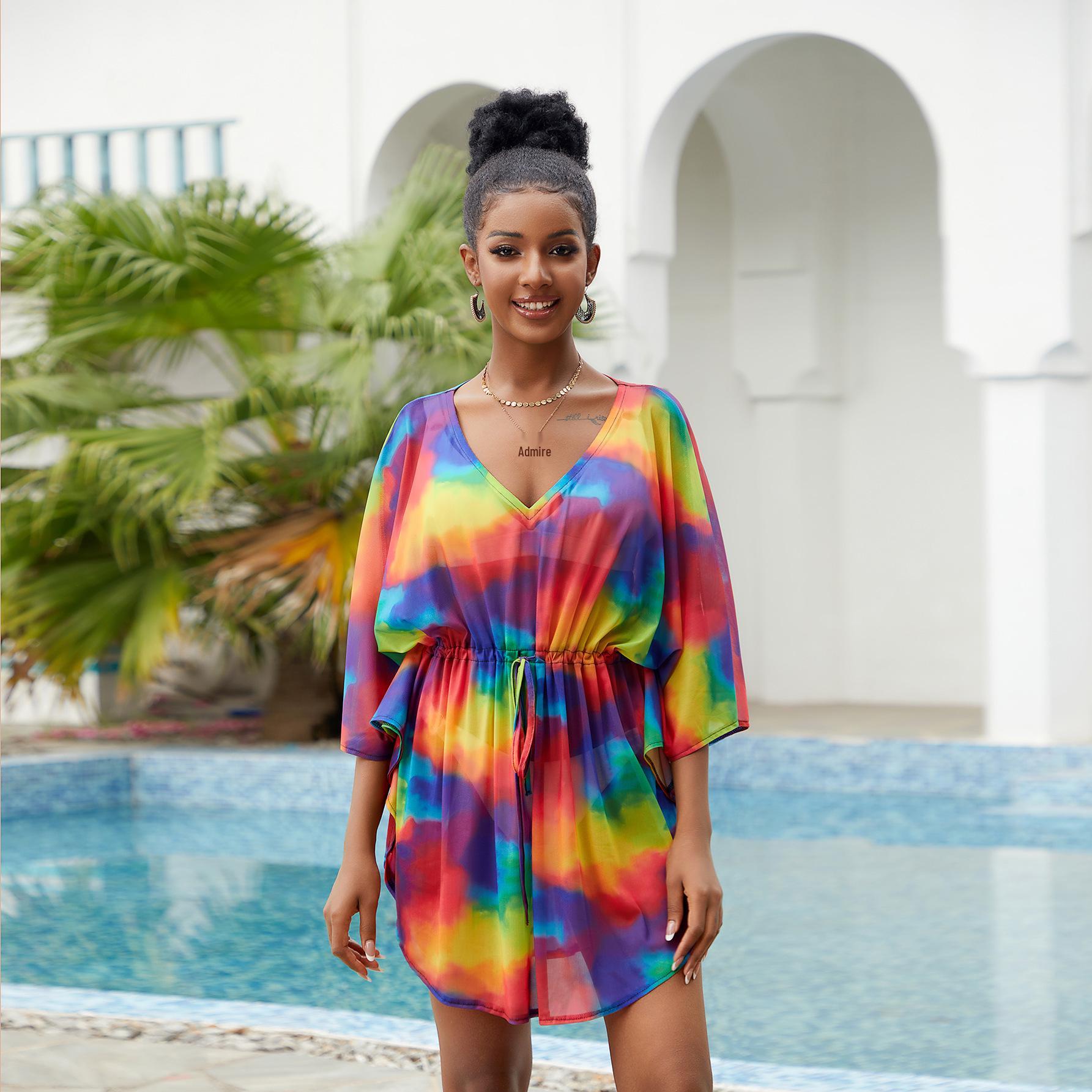 

European & American Mesh Fabric Printed Beach Cover-up: Sexy Vacation Dress & Sun Protection Bikini Layer One Size