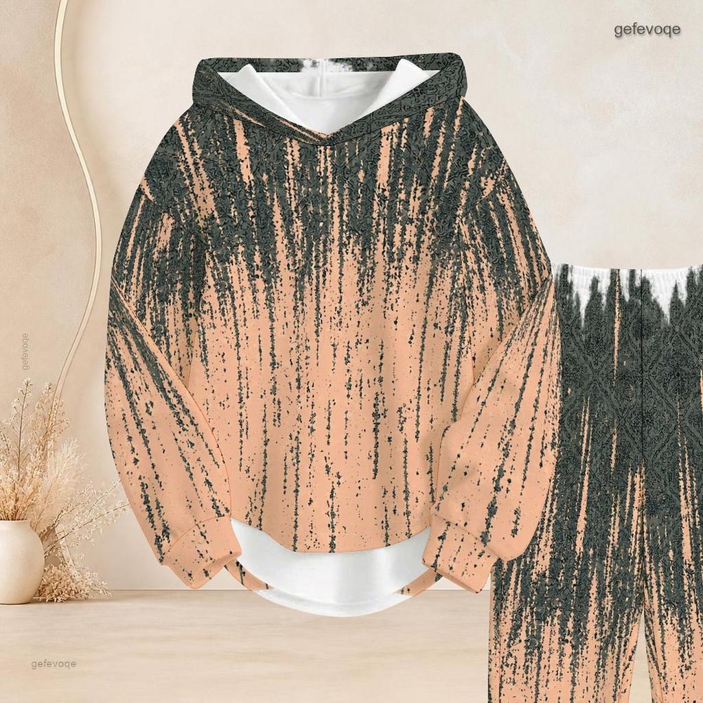 Women Plus Size Beige Grey Printed Two Piece Set Hooded Long Sleeve Top And Cuffed Pants