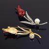 Handmade Enamel Red Tulip Brooch with Rhinestones - Floral Lapel Pin Corsage Accessory