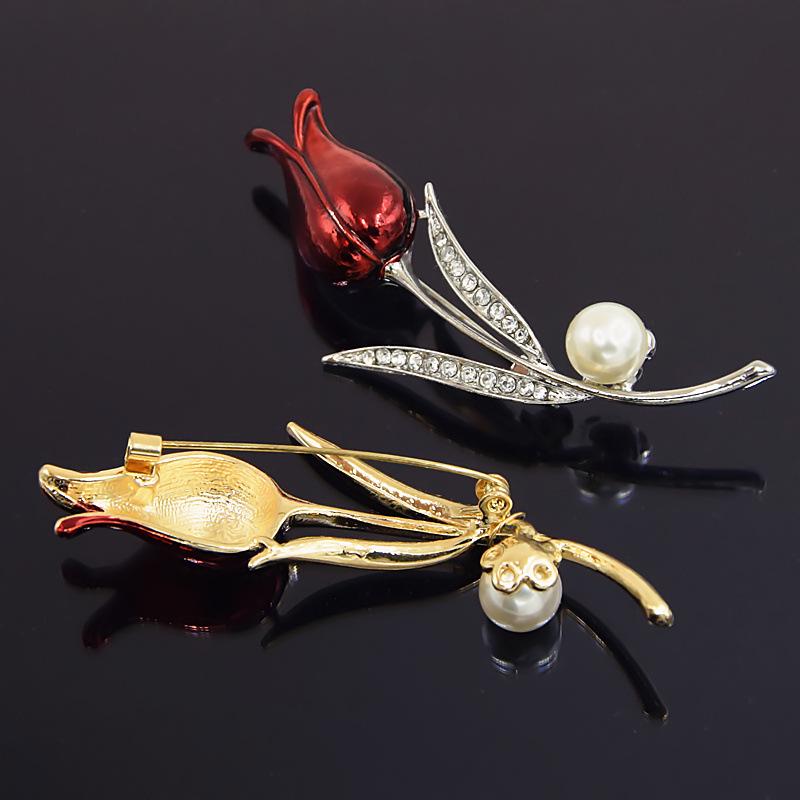 Handmade Enamel Red Tulip Brooch with Rhinestones - Floral Lapel Pin Corsage Accessory
