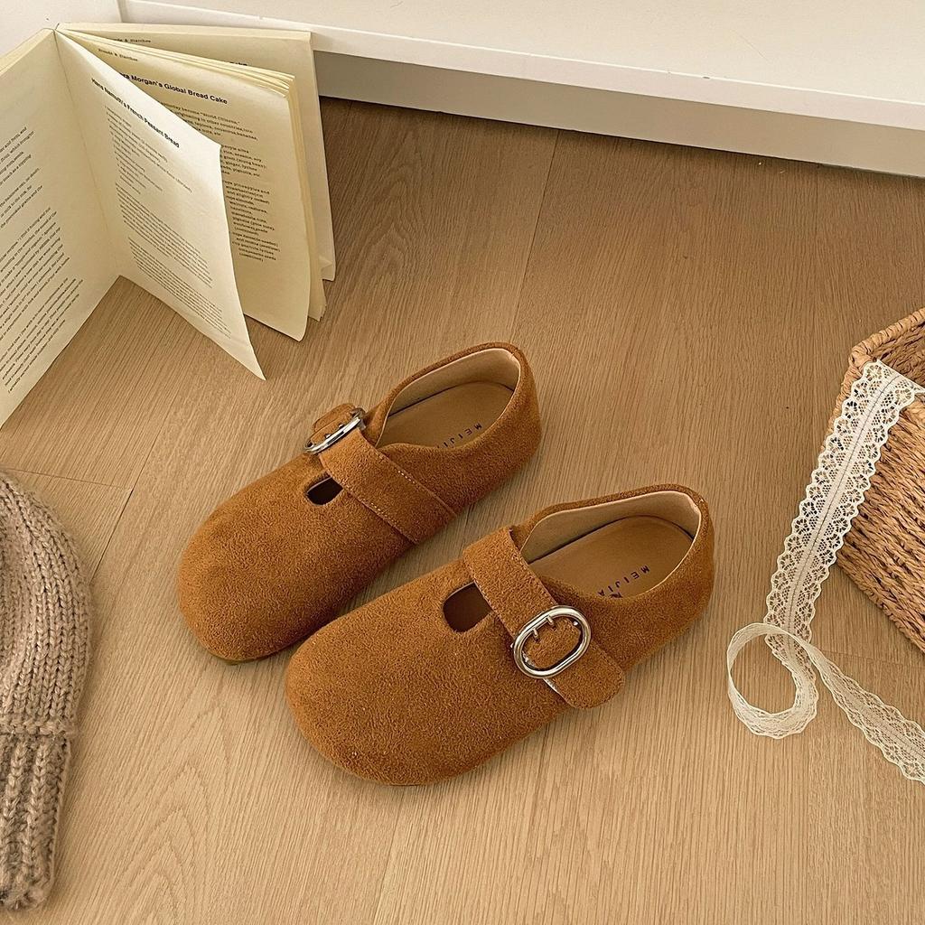 Cowhide Version! Round Head Retro Casual Single Shoes Women's 2025 Autumn New Fashion One-word Buckle with Flat Beanie Shoes