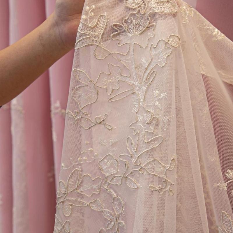 Modern European Style Curtains Pink Lace Embroidery Thickened Curtains Blackout Sunscreen Bedroom Living Room Balcony Curtains