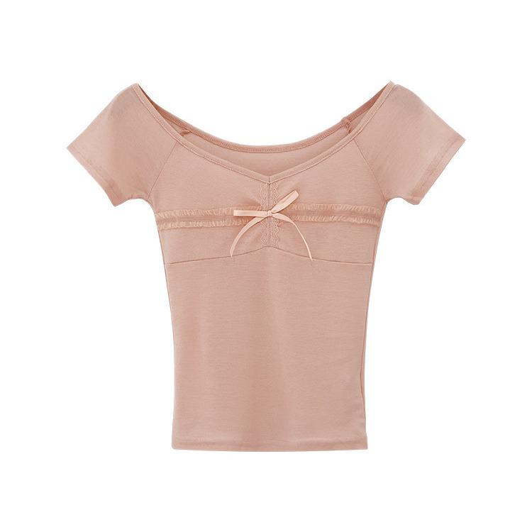 Korean Sweet & Spicy Lace Large Neckline Slim T-Shirt – Women's Summer 2024 Collection