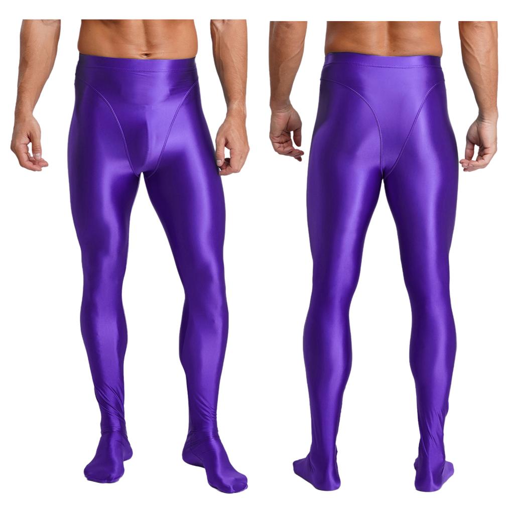 Mens Glossy Stretchy High Waist Fake Two Piece Tights Pants Leggings Yoga Wear