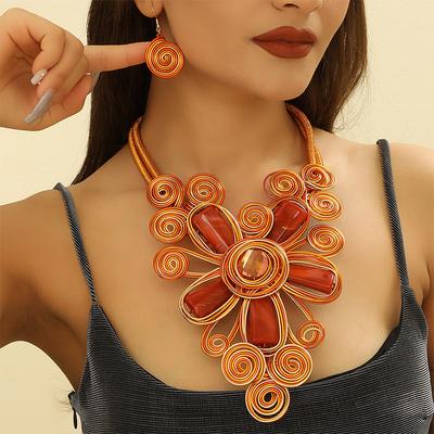 Ethnic Bohemian Zircon Set Handmade Style Aluminum Flower Necklace Pendant Emerald Long Collar Thick Chain African Zircon Gift