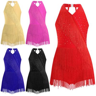 Kids V Neck Dance Leotard Sleeveless Fringed Jumpsuit for Latin Performances