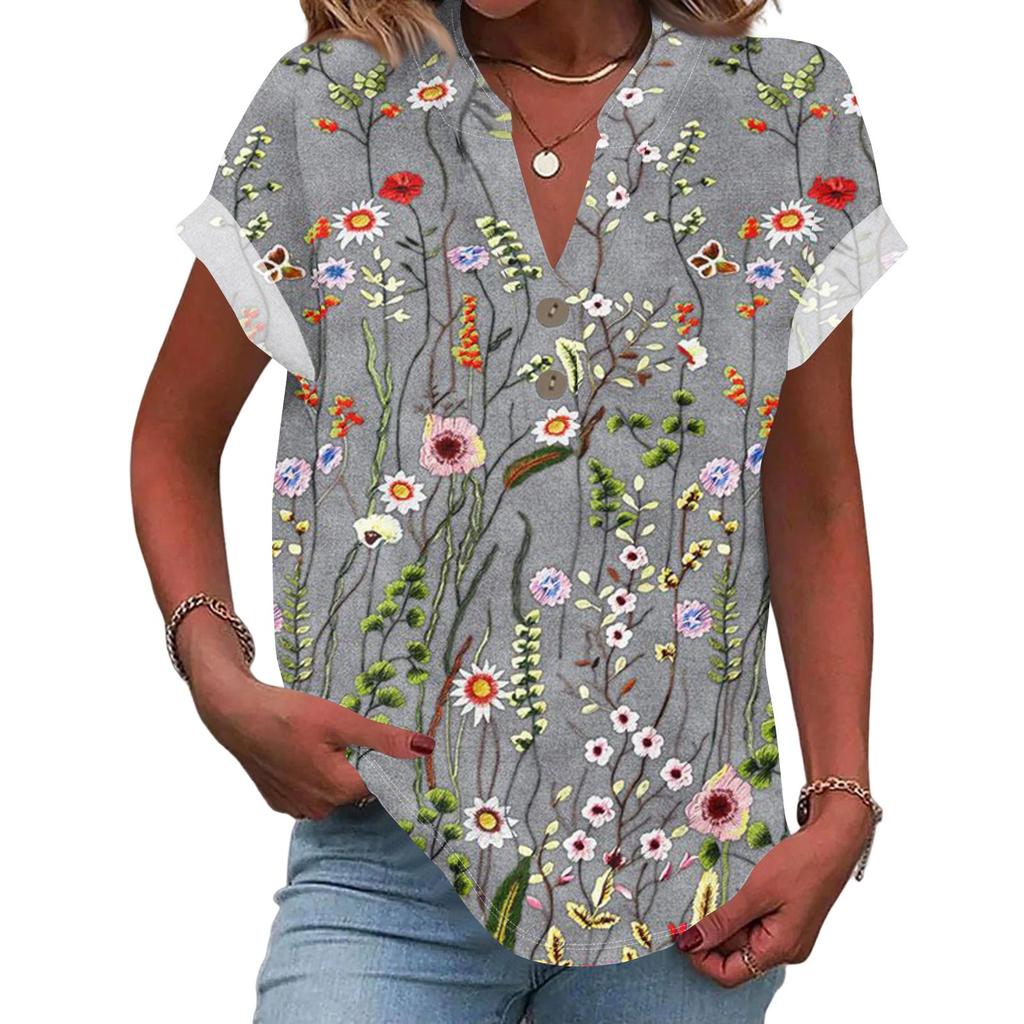 Linen Tops For Women Summer V Neck Short Sleeve Length Sleeve Womens Tops Casual Loose Fit Blouses
