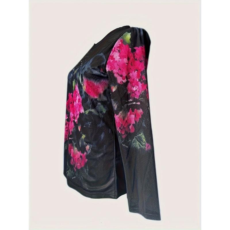 Elegant Floral Print T-Shirt for Women - Polyester Knit Fabric, Hollow Detail, Round Neck, Long Sleeve, Spring/Fall Collection