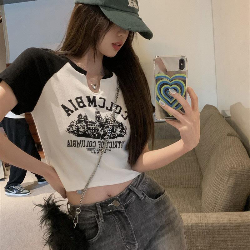 

Футболка с V-образным вырезом, летняя, ретро, короткая, студенческая, топ M белый