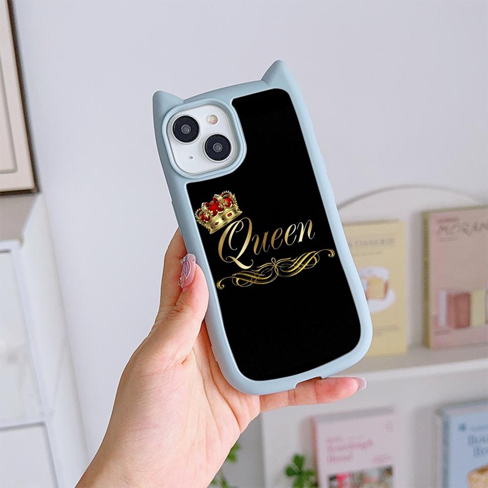 Huse de telefon moale pentru ureche de pisică pentru iPhone 16 15 13 12 11 Pro Max 14 Plus XR TPU Copertă din spate acrilic transparent anti-cădere N84 King Queen Cuplu