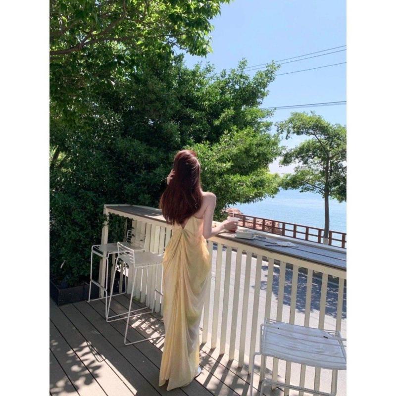 Women's Summer Yellow Gradient V-Neck Spaghetti Strap Beach Dress