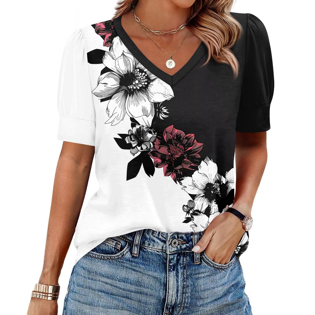 Women's Fashion Casual V- Neck Short Sleeve Print Shirt Women's Up Tops