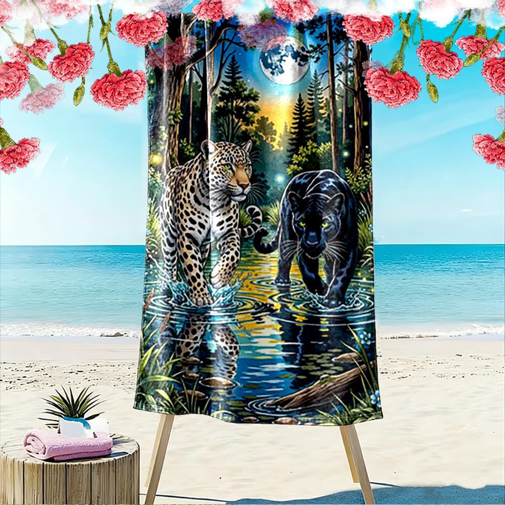 Leopard and Panther by Moonlit Forest Beach Towel Quick-drying for Travel Outdoor Sports Jogging Beach and Swimming
