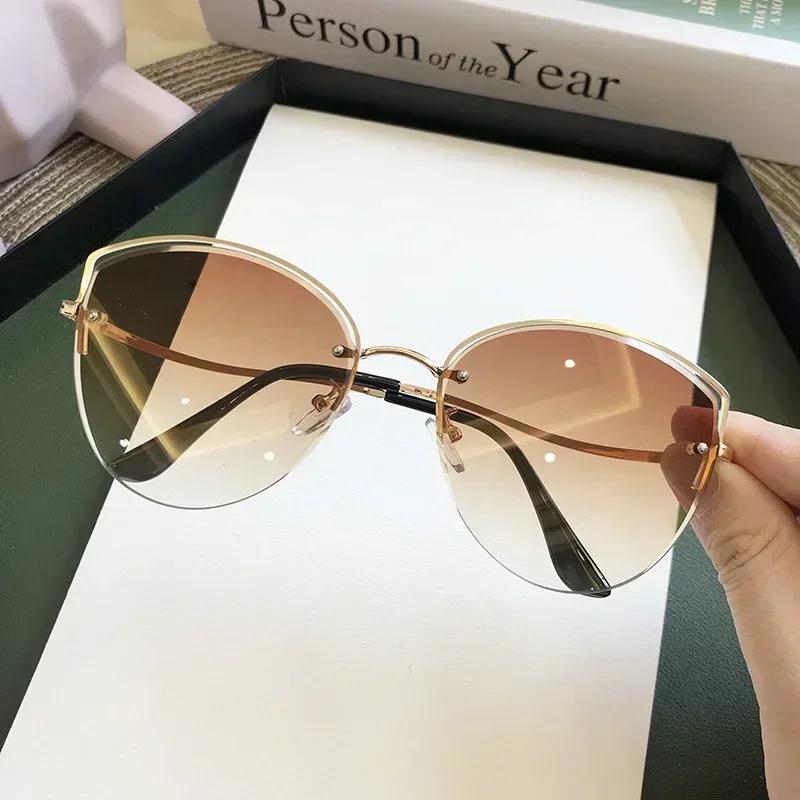 Cat Eye Sunglasses Women Luxury Rimless Gradient UV400 Clear Ocean Color Lenes Shades Ladies Sun Glasses