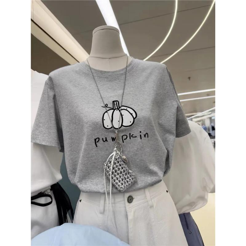 

Белая футболка с принтом, с коротким рукавом, новая, в корейском стиле, свободная, летняя, хлопковая, с мультяшным рисунком, универсальная S серый