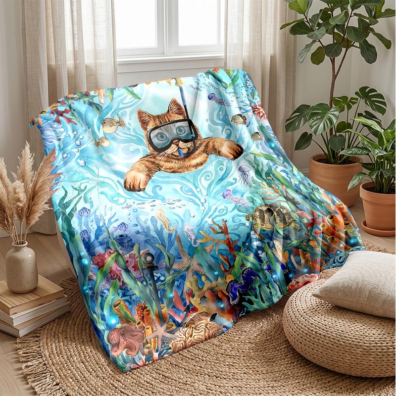 Underwater Cat Adventure 3 Theme blanket Lightweight Warm Flannel Blanket Decorative Throw Blanket for Home Decoration