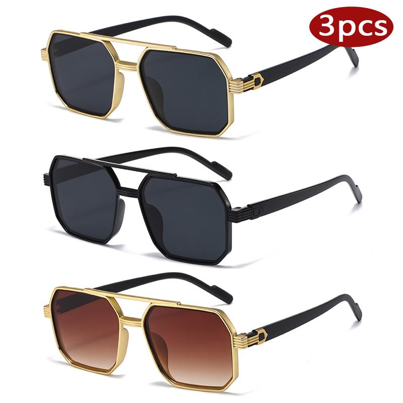 3pcs Retro New Square Large Frame Sunglasses Classic Double Beam Metal Frame Casual Sun Glasses Fashion Gradient Eyeglasses