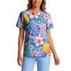 Women's Stretch Quick-Dry V-Neck Short Sleeve Workwear Top with Hawaiian Print & Pockets