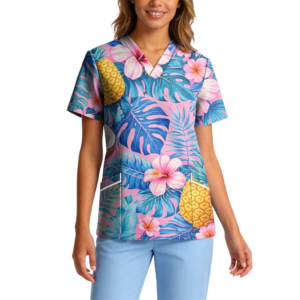 Women's Stretch Quick-Dry V-Neck Short Sleeve Workwear Top with Hawaiian Print & Pockets