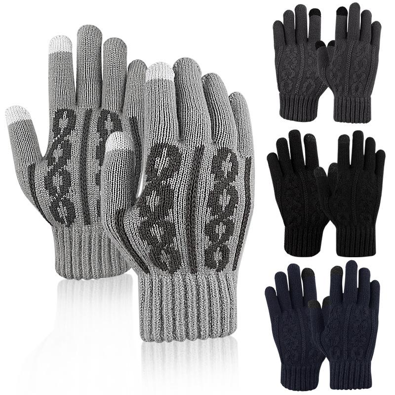 Autumn and Winter Knitted Breathable Warm Gloves Jacquard Texture Inner Lining Fleece Thickened Split-finger Touch Screen Five-finger Gloves