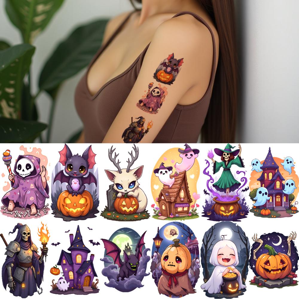 63pcs Halloween Temporary Tattoos Ghost Candy Pumpkin Bat Body Sticker Adult Boys Girl Tattoo Sticker Cosplay Party Sticker Prop