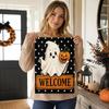 Halloween Garden Flag Ghost Holding Pumpkin Welcome Sign Polka Dot Background Outdoor Decorative Banner for Yard Patio