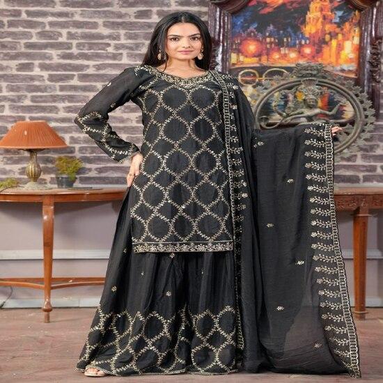 Elegant Black Embroidered Sharara Suit with Intricate Work
