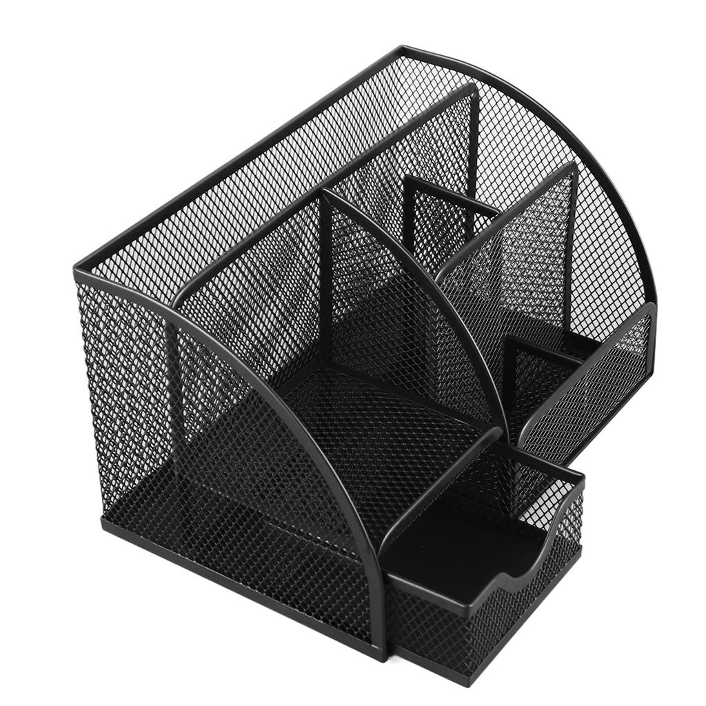 Organizator de birou tip plasă multifuncțional metalic cu 7 compartimente suport pentru pixuri cu sertar negru
