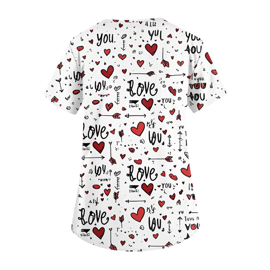 Abbigliamento da lavoro a maniche corte con scollo a V alla moda da donna con top stampati con tasche