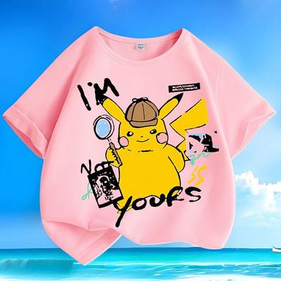 T-shirt Pikachu Pokémon d'été pour enfants Sans plis Lavable en machine Hauts Amples à Manches Courtes