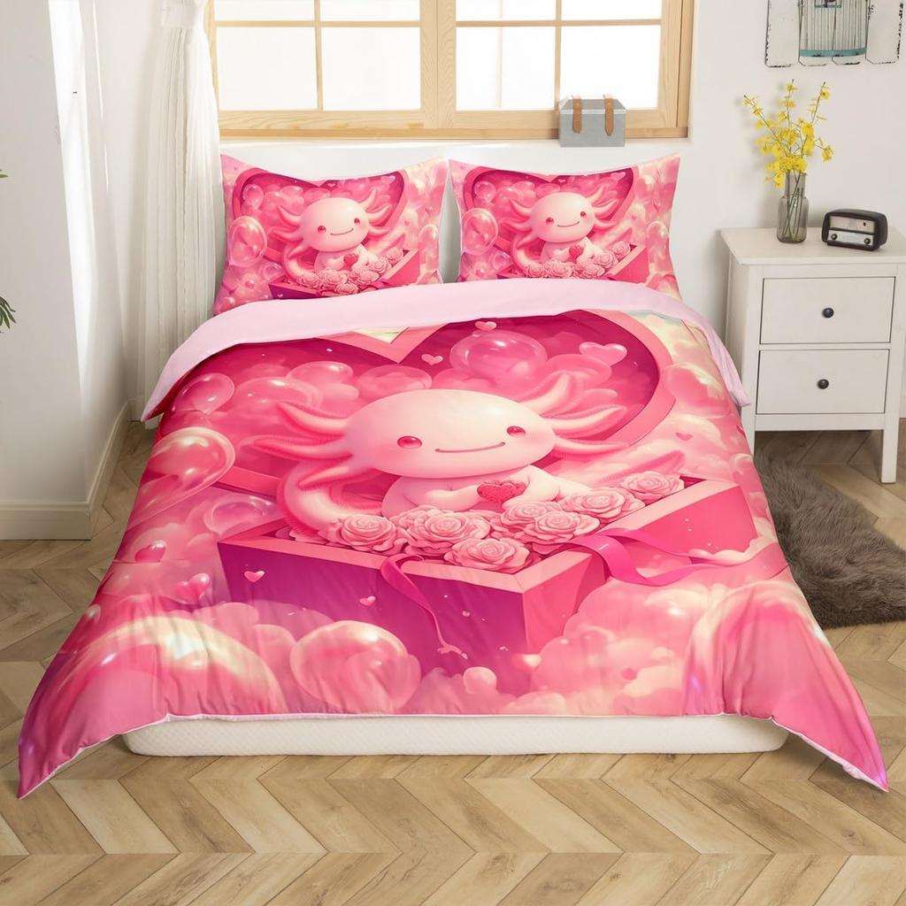 Cartoon Penguin Bedding Set Romantic Balloon Valentine's Day Comforter Cover Groovy Roses Flower Duvet Cover for Couple Lovers