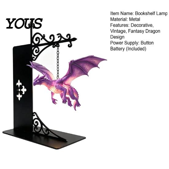 Dragon Culture Collectible Figurine Fantasy Bookshelf Lamp, Retro Flying Light, Literature Fan Gift Creative Bookend Light for Library Reading Corner