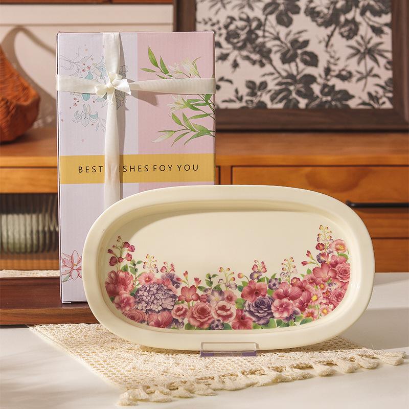 Retro Crape Myrtle Flower Ceramic Tableware Set High Value Dish Set Household Vegetable Plate Soup Plate Rice Bowl Soup Gift