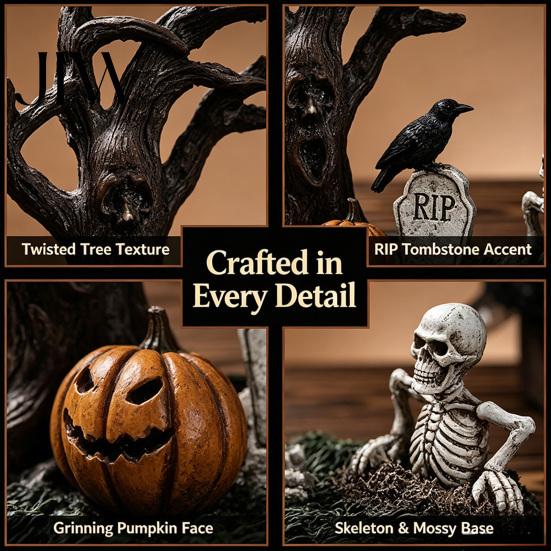 Sun Resistant Gothic Decor Halloween Garden Ornaments, Spooky Cemetery with Resin Skulls Dead Trees Props Pumpkin Raven for Indoor Outdoor Horror