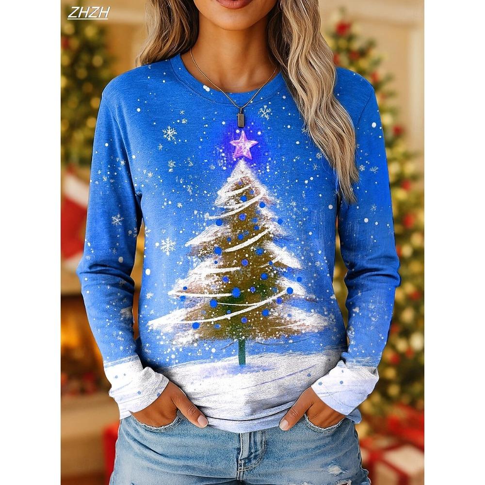 Women's Vintage Christmas Tree Print Long Sleeve T-shirt, Holiday Gift Crew Neck, Festive Party Top