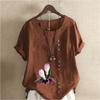 Women's Fashion Round Neck Short Sleeve T-shirt Casual Cotton Linen Graphic Shirt Leisure Loose Flowers Prined Summer Blouse Tops