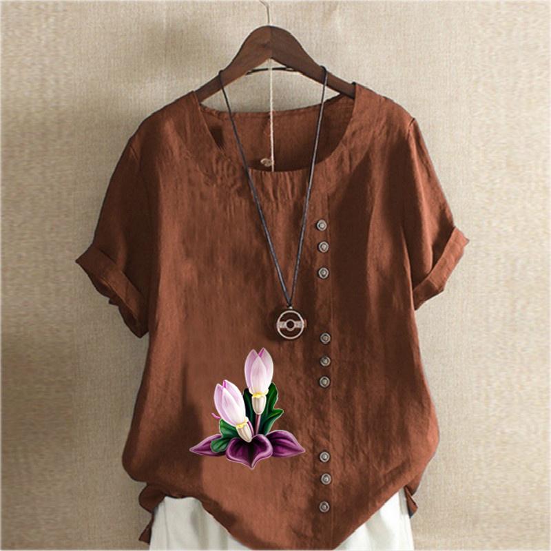Women's Fashion Round Neck Short Sleeve T-shirt Casual Cotton Linen Graphic Shirt Leisure Loose Flowers Prined Summer Blouse Tops