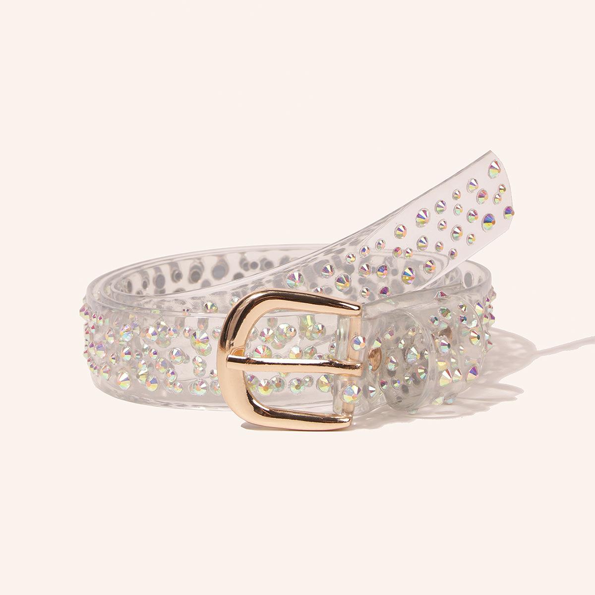 

Новый цветной бриллиантовый прозрачный ПВХ ремень с пряжкой-пином, женский, модный, милый, с АБ-цветными стразами, подиумный ремень 100cm