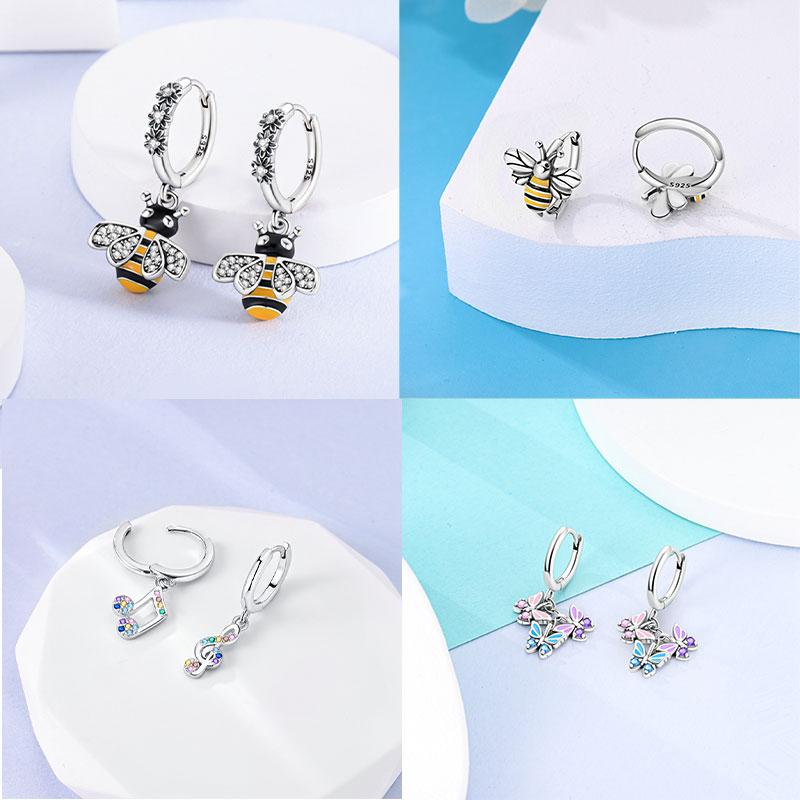 Brincos de abelha para menina adorável amarelo preto dançando abelha feliz s925 brincos de argola presente de aniversário joias de prata
