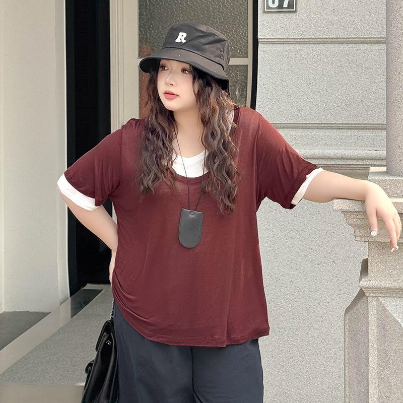 Plus size women clothing [Lyocell Stacked T] Double-Layer Contrast Color round Neck Loose Summer Short sleeve 100.00kg Belly Covering T-shirt
