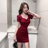 Sexy low-cut pleated square neck kinked dress women's solid color Spice girl style tight hip skirt wholesale