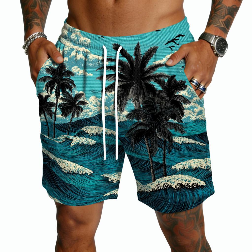 Men Drawstring Casual Shorts Lightweight Quick Dry Five Inch Inseam Relaxed Fit with Hawaiian Print for Daily Wear Beach Sports