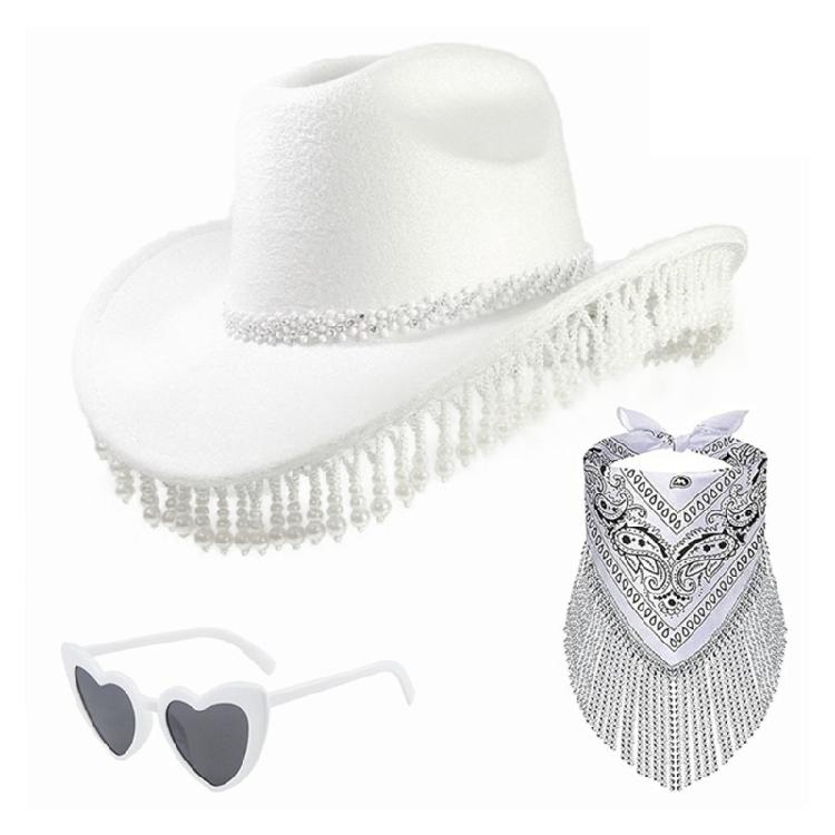 Cowgirls Hat Pearls Fringed Bandana Set for Women Classical Western Wide Brim Wesatern Hat Floral Scarf and Sunglasses