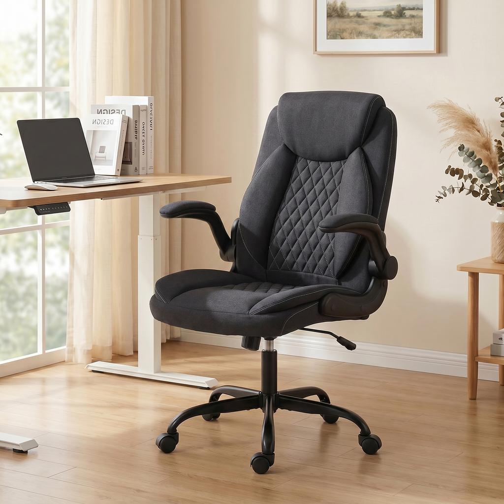Linen-Look Computer Desk Chair, Executive Office Chair with Flip-Up Armrests and Thick Cushion, Black