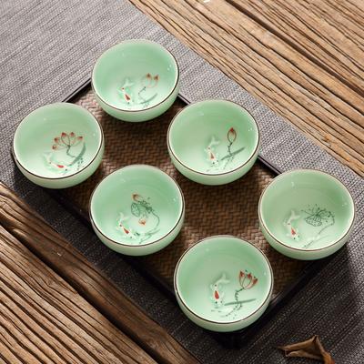 Lucky Carp Design Celadon Tea Cup Hand Painted Longquan Glaze for Pu‘er Gongfu Tea Collector Item Chinese Art
