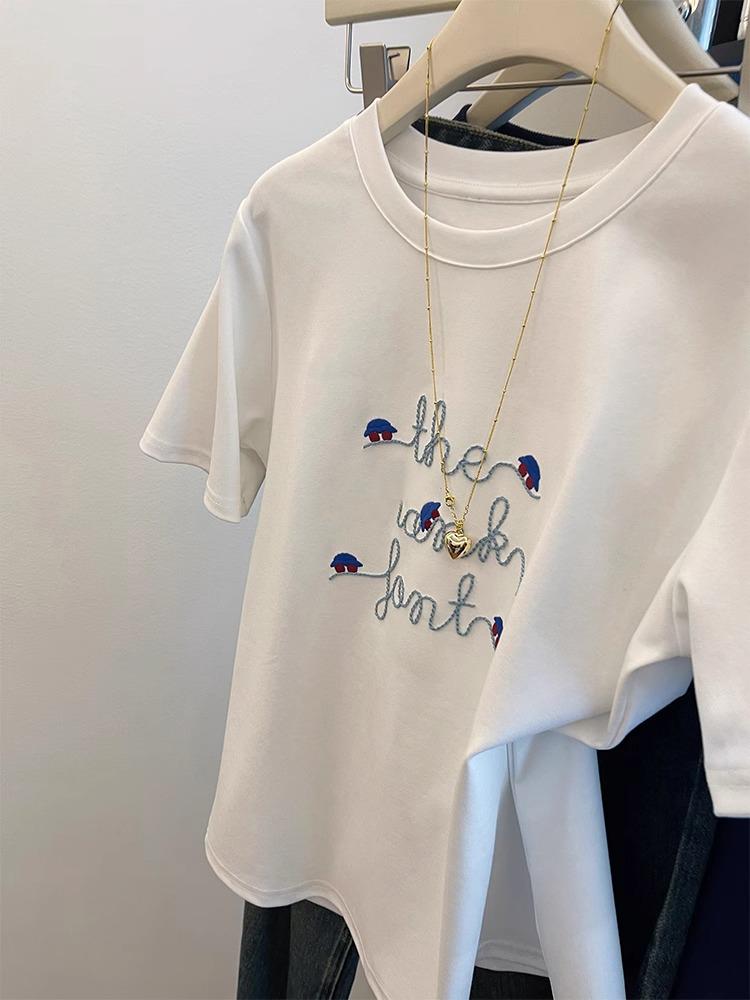 White Cotton Jacquard Letter Embroidered Crew Neck Short Sleeve Women's Summer T-shirt